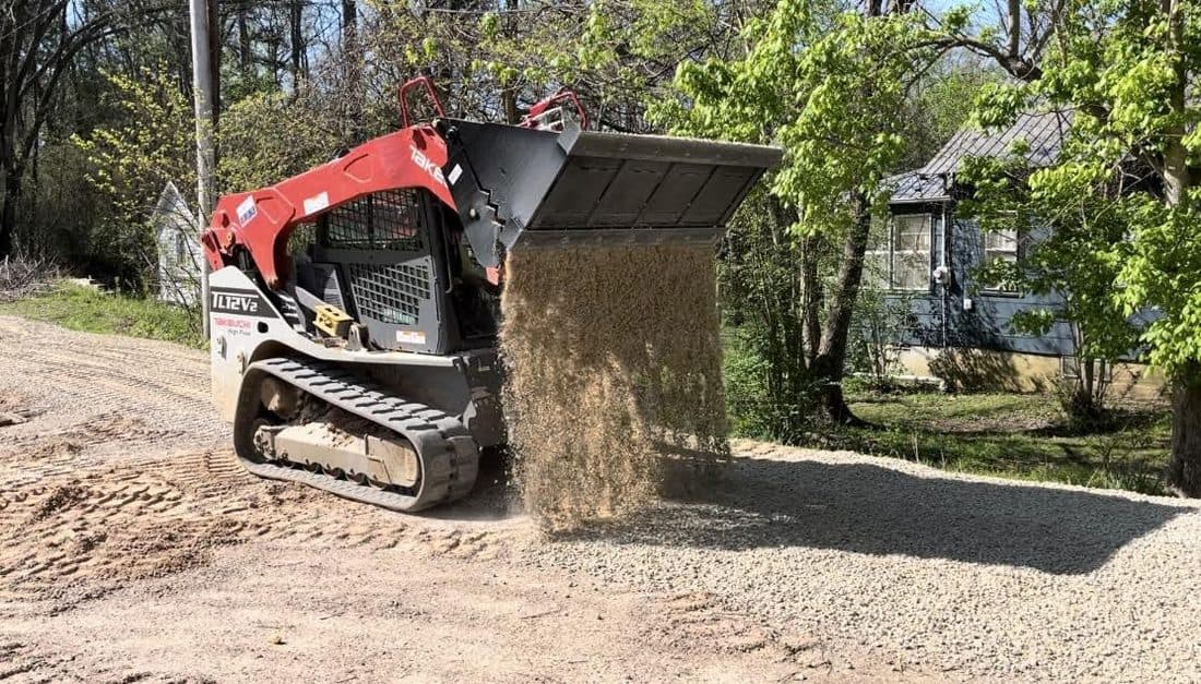 Skid steer moving soil on a job site